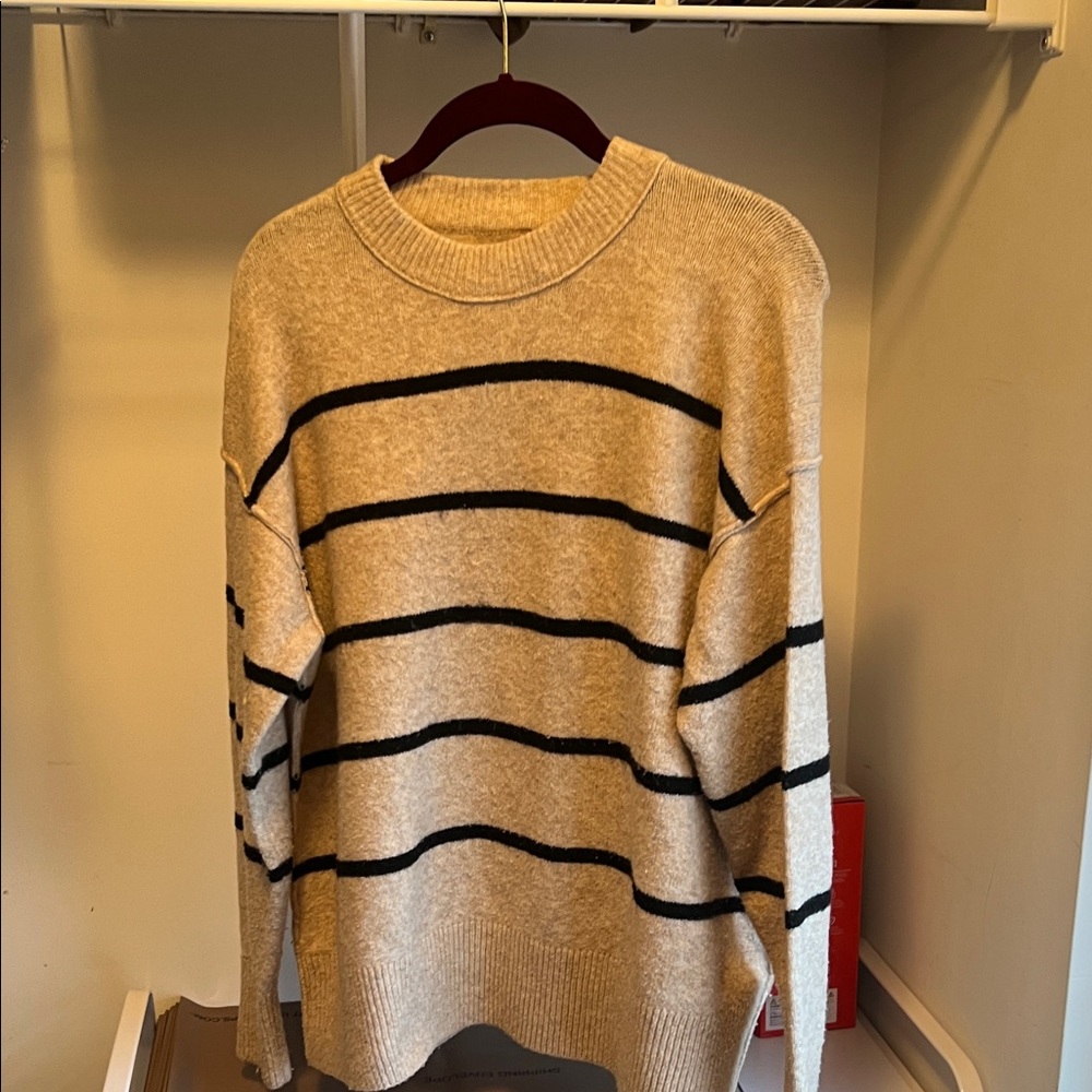 Aerie Beige and Black Striped Crewneck Sweater